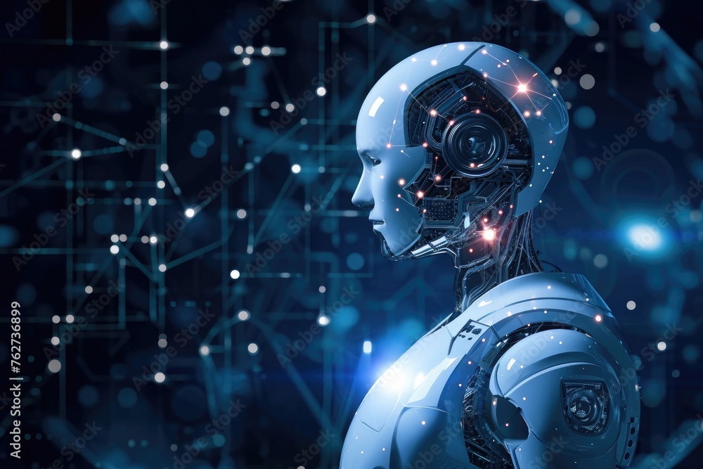 Poster a robot stands illuminated by a backdrop of glowing lights in this captivating photo, the integratio