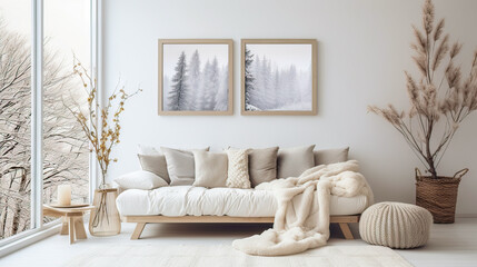 Fototapeta na wymiar A living room with a white couch and a white blanket on it. There is a potted plant in the corner and a vase with flowers on a table. The room has a cozy and inviting atmosphere