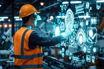 A man wearing an orange safety vest and hard hat looks at a screen, focusing on his work, The integration of artificial intelligence (AI) in construction management, AI Generated
