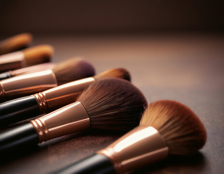 Macro photo of a set of professional makeup brushes