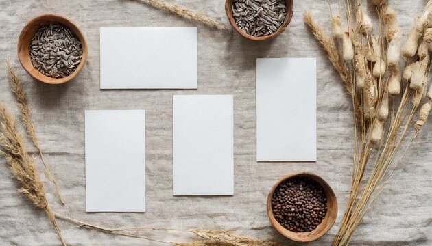 winter wedding stationery still life concept set of blank cotton paper business place cards or invitations mockups dry flower seeds on beige linen table cloth background sparse flat lay top view