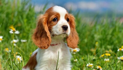 the portrait of sitting red and white puppy of spaniel