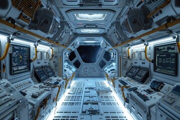 This photo showcases the interior of a space station, filled with a multitude of electronic devices and equipment, The interior of a spaceship powered by biofuel, AI Generated - obrazy, fototapety, plakaty
