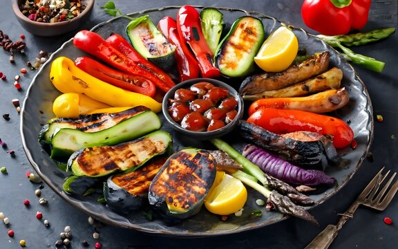 Mouthwatering grilled vegetable platter, including zucchini, bell peppers, eggplant, and asparagus, photo, food recipes, vegan recipes, stock photos, stock images, stock food photos, life stock, ai