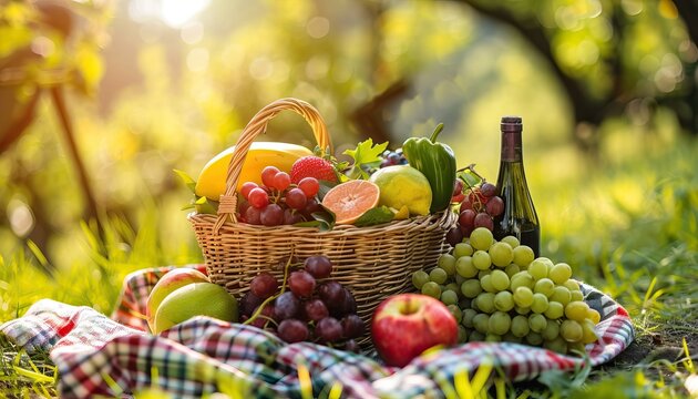 Photography romantic picnic blanket with fruits and vine, Picnic in spring high quality AI generated image