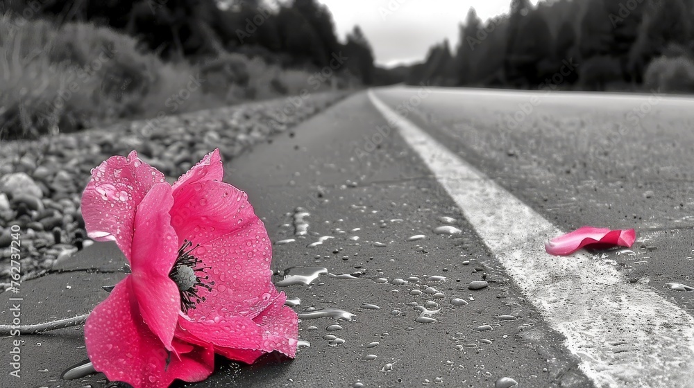 Poster a pink flower sitting on the side of a road with a white line in the middle of the road and trees in the background.