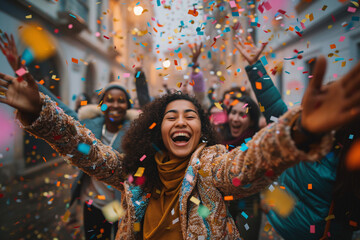 A cheerful image of friends tossing confetti