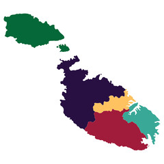 Malta map. Map of Malta in five main regions in multicolor