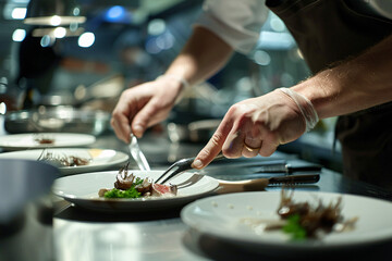 Fototapeta na wymiar A close-up of a chefs hands expertly preparing a gourm