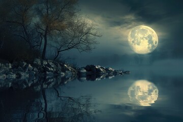 A night-time photograph capturing the reflection of a full moon on the surface of a body of water, The moon reflecting on a still, silent ponds, AI Generated