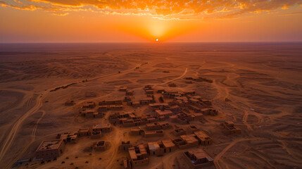 Breath-taking Sunset over the Tranquil Iraqi Desert with Traditional Mud Houses in the Horizon - obrazy, fototapety, plakaty