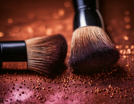 Macro photo of professional makeup brushes in powder