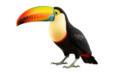 A toucan bird with a vibrant and colorful beak perched on a branch in the rainforest