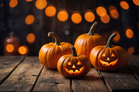Halloween, orange pumpkins on a wooden table on a bokeh glowing background, copy space