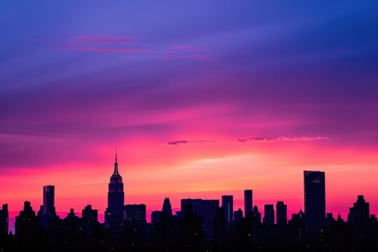 The photo captures the stunning city skyline at sunset, showcasing the vibrant colors of the sky and the urban structures, The silhouette of a city skyline during sunset, AI Generated