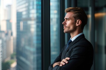 Fototapeta premium A man stands in front of a window, with his arms crossed, displaying a confident and determined demeanor, Thoughtful businessman looking outside the window of a high-rise office, AI Generated