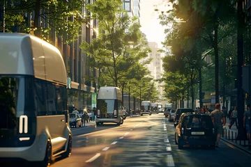 Crédence de cuisine en verre imprimé TAXI de new york A convoy of electric delivery vans navigating urban