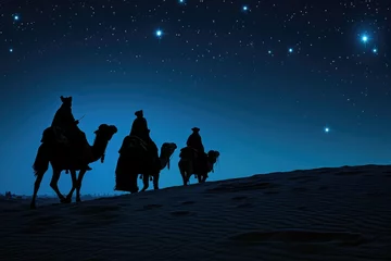  Three men, believed to be wise, are riding on camels through the desert at night, Three wise men following the star on Christmas night, AI Generated © Ifti Digital