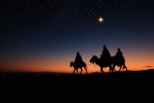 Three individuals riding on horseback under a starlit sky, Three wise men following the star on Christmas night, AI Generated