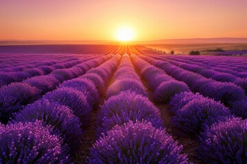 A vibrant sky as the sun sets over a blooming lavender field, creating a picturesque scene,...