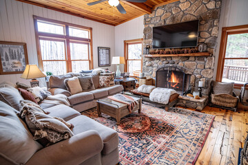 A cozy family room with a stone fireplace comfortable