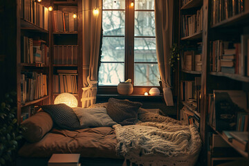 A cozy reading nook bathed in soft light with shelves - obrazy, fototapety, plakaty