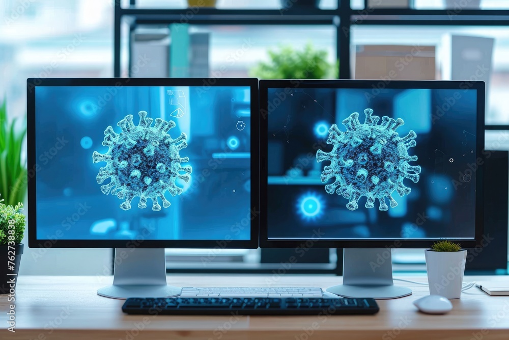 Poster two computer monitors displaying the corona symbol, two computer screens, one infected with virus an