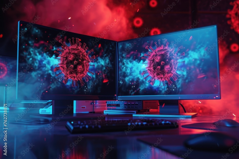 Poster two computer monitors are positioned on top of a desk, ready for use, two computer screens, one infe