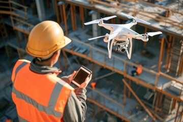 A man dressed in a hard hat and orange safety vest holds a cell phone and tools, Unmanned aerial vehicles (drones) used for construction site mapping, AI Generated - obrazy, fototapety, plakaty