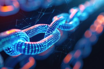 This close-up photo showcases a detailed view of a blue and red chain, highlighting its colors and texture, Use of Blockchain technology in health records safety, AI Generated