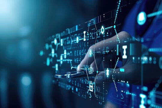 A persons finger making contact with a touch screen, interacting with the digital display, Use of Blockchain technology in health records safety, AI Generated