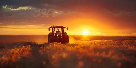 Poster Enhancing Food Production Industry and Sustainability Through Agricultural Tractor at Sunset. Concept Food Production Industry, Sustainability, Agricultural Tractor, Sunset, Enhancement © Ян Заболотний