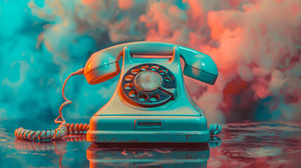 Retro rotary dial phone set against a vibrant, dreamy background with cool tones