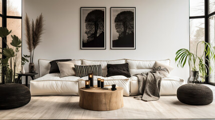 A living room with a white couch, a coffee table, and a few potted plants. The room has a modern and minimalist design, with black and white artwork on the walls. The mood of the room is calm