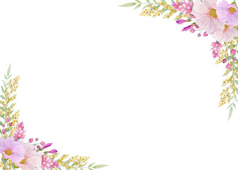 Botanical flowers rectangle frame and border of spring flower and leaf. Yellow and  pink  wildflowers vector illustration.