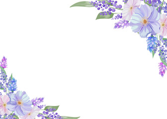 Botanical flowers rectangle frame and border of spring flower and leaf. Blue and  purple  wildflowers vector illustration.