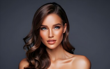 Naklejka premium Model girl with shiny strawberry blonde smooth healthy hair with long straight and glowing, skin natural beauty smooth skin for Care and skincare products, photo, stock life photo, stock people photo 