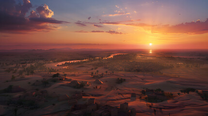 Breath-taking Sunset over the Tranquil Iraqi Desert with Traditional Mud Houses in the Horizon - obrazy, fototapety, plakaty