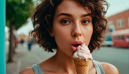 beatiful model with a ice cream to cone in your lips, summer concept, professional photography - obrazy, fototapety, plakaty