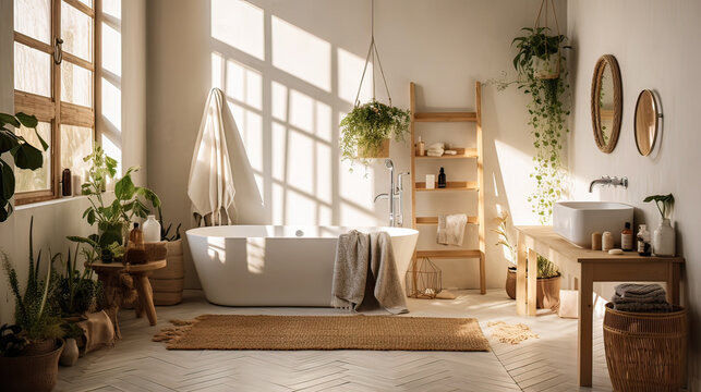 A bathroom with a bathtub, sink, and mirror. The bathroom is decorated with plants and has a rustic feel