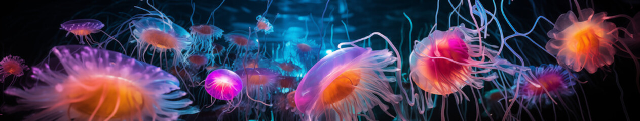 Luminous Jellyfish Ensemble in Ocean Depths - obrazy, fototapety, plakaty