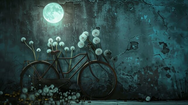 A bicycle with wheels made of dandelion fluff, leaning against a moonlit wall