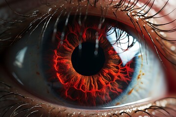 Close up of human eye with red iris. 3D rendering