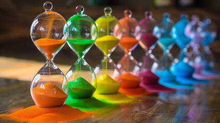 A series of hourglasses with sand in vibrant colors, flowing upwards instead of down - obrazy, fototapety, plakaty