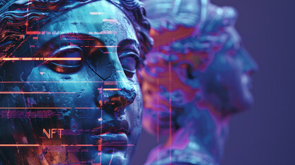 Ancient statue on abstract neon background, NFT token and crypto art at online digital gallery. Concept of blockchain, cryptocurrency, bitcoin, marketplace - obrazy, fototapety, plakaty