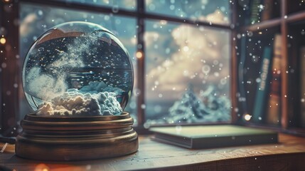 A snow globe on a desk, inside which a tiny thunderstorm is raging - obrazy, fototapety, plakaty