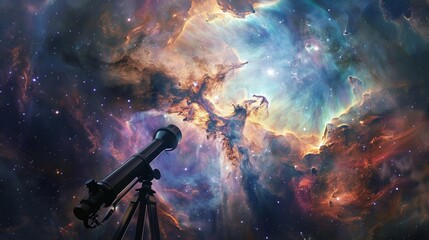 A telescope pointing towards a mural of the galaxy, blending reality with art - obrazy, fototapety, plakaty