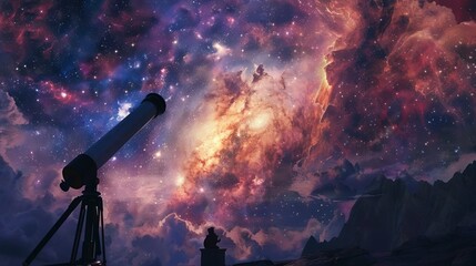 A telescope pointing towards a mural of the galaxy, blending reality with art