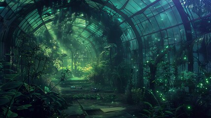 Obraz premium An abandoned greenhouse, with exotic plants glowing softly in bioluminescent light