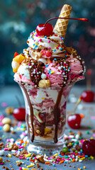 Indulgence Galore: A Divine Trio flavored Ice Cream Sundae Embellished with Colorful Sprinkles and Assorted Toppings
